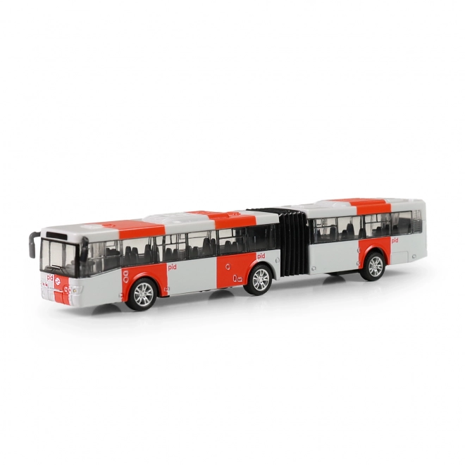 Czerwony metalowy przegubowy autobus PID Praga