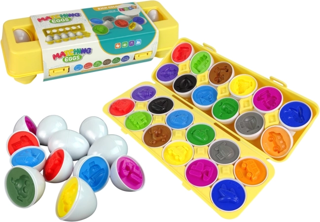 Edukacyjny sorter jajeczek 12 szt. – pojazdy, kolory i kształty
