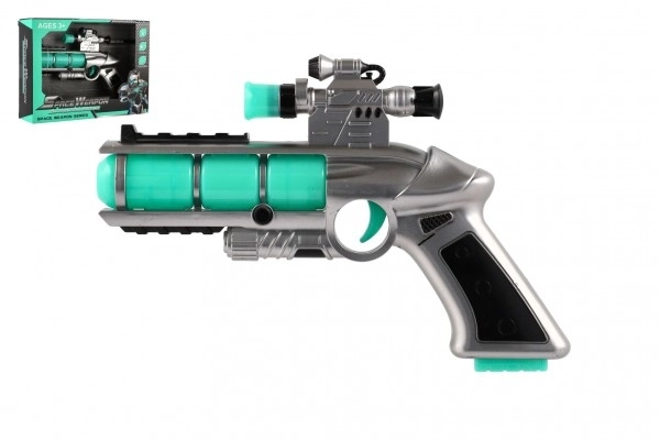 Plastowy pistolet z celownikiem 20cm na baterie z dźwiękiem i światłem w pudełku