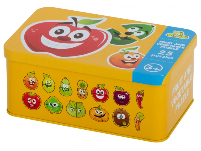 Puzzle z motywami owoców i warzyw w metalowym pudełku