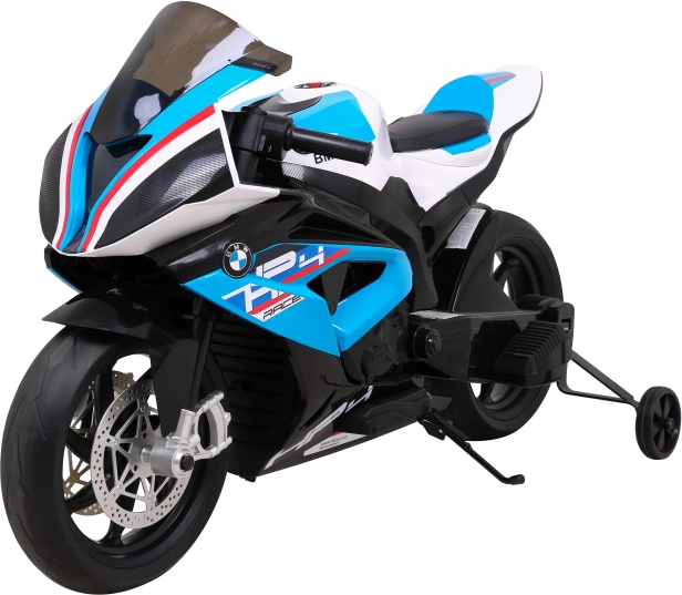 Dziecięcy elektryczny motocykl BMW HP4 niebieski z kółkami bocznymi, kołami EVA i MP3