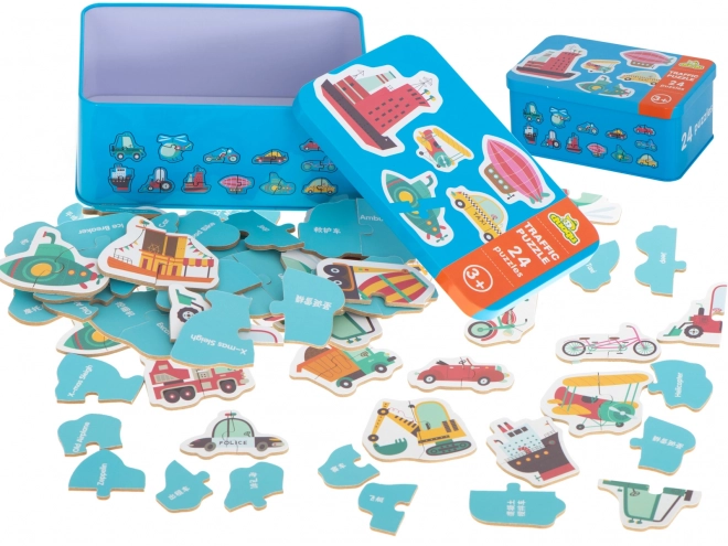 Puzzle z motywami środków transportu w metalowym pudełku