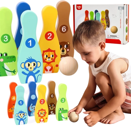 Drewniane dziecięce kręgle ze zwierzątkami 6 szt. + piłeczka TOOKY TOY
