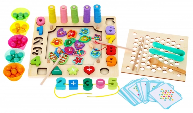 Drewniany zestaw edukacyjnych gier 6w1 dla dzieci 3+ Sorter łowienie nauka cyfr