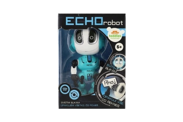 Robot ECHO powtarzający zdania metalowy 12cm niebieski na baterie z dźwiękiem i światłem w pudełku 10,5x15x5,5cm