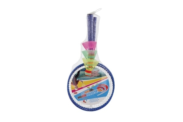 Badminton zestaw dziecięcy metal/plastik 2 rakiety + 3 lotki 2 kolory w siatce 23x45x6 cm