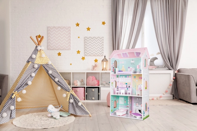ECOTOYS Trzypoziomowy domek dla lalek Truskawkowy