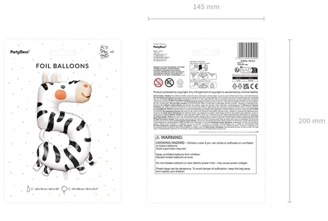 Foliowy balon urodzinowy numer 5 - Zebra 68 x 98 cm