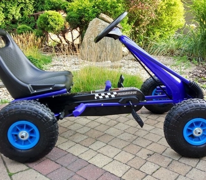 Pedałowy gokart powietrzny + Nadmuchiwane opony + Regulowane siedzenie – Niebieska