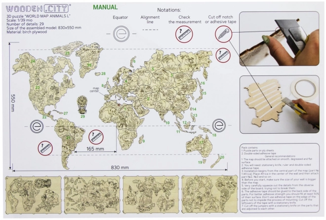 Drewniana mapa zwierząt świata 3D, rozmiar M