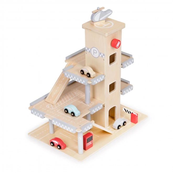 ECOTOYS Duży drewniany garaż z windą i autkami