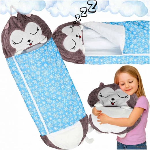 Dziecięcy turystyczny śpiwór 2w1 z poduszką 135 × 50 cm – niebieski