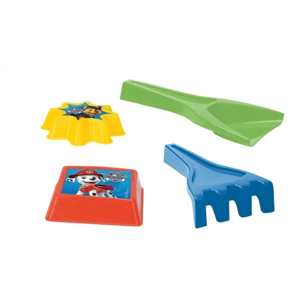 Zestaw do piasku 4 sztuki plastikowe: łopatka, grabki, 2 sztuki foremek Psi Patrol/Paw Patrol w 4 kolorach w siatce