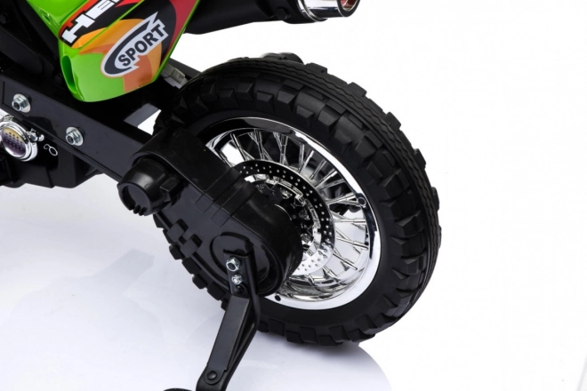 Dziecięcy elektryczny motocykl cross na akumulator – zielony, z kółkami pomocniczymi i światłami LED