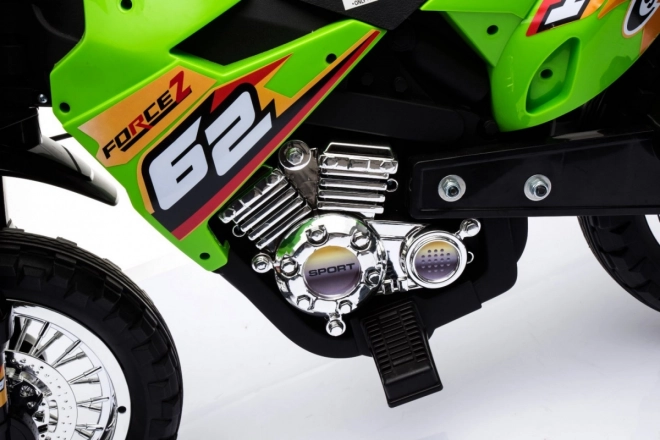 Dziecięcy elektryczny motocykl cross na akumulator – zielony, z kółkami pomocniczymi i światłami LED