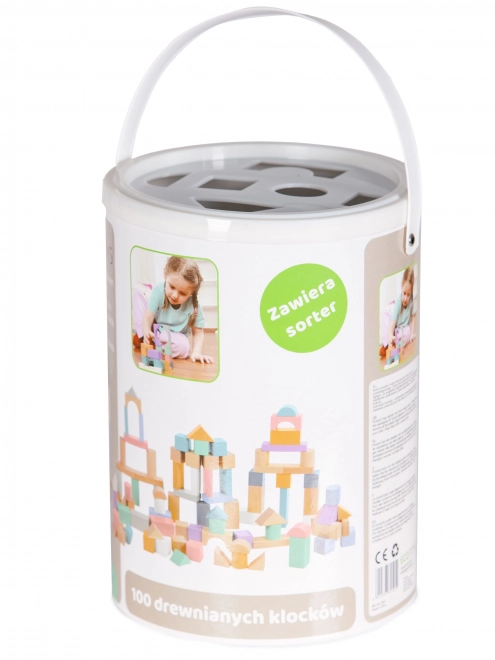 Drewniane klocki 100 sztuk w wiadrze z sorterem Ecotoys