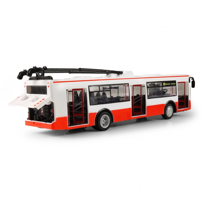 Trolejbus mówiący po czesku plastikowy 29cm czerwony wolny ruch na bat. ze światłami z dźwiękiem w opak. 33x11x10cm
