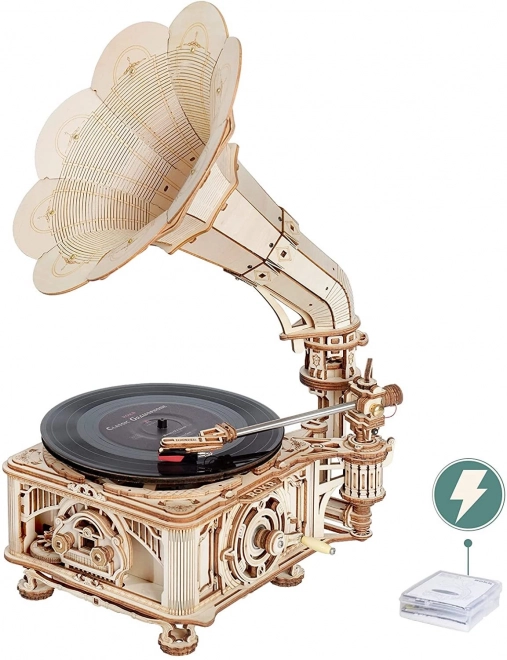 RoboTime 3D drewniane mechaniczne puzzle Gramofon (napęd ręczny)