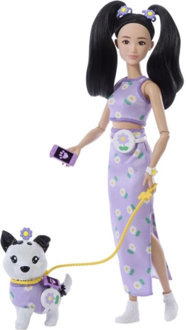 Barbie podwójny strój kwiaty – lalka z pieskiem i akcesoriami