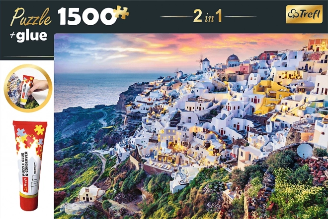 Trefl Zestaw 2w1 Puzzle Piękna Wyspa Santorini Grecja 1500 Elementów z Klejem