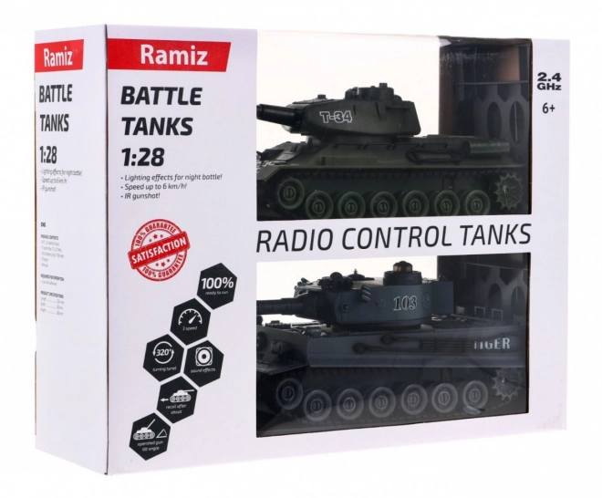 Zdalnie sterowane 2 czołgi T-34 vs. Tygrys dla dzieci 3+ Strzelające modele 1:28 + Wielka bitwa czołgowa + Efekty świetlne i dźwiękowe