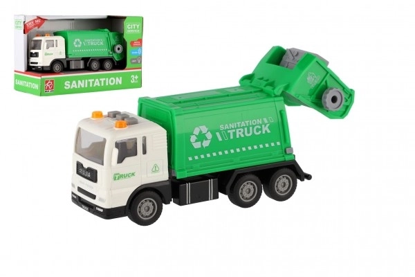 Auto śmieciarka plastik 17cm na napęd kinetyczny na baterie ze światłem i dźwiękiem w pudełku 21x13x9cm