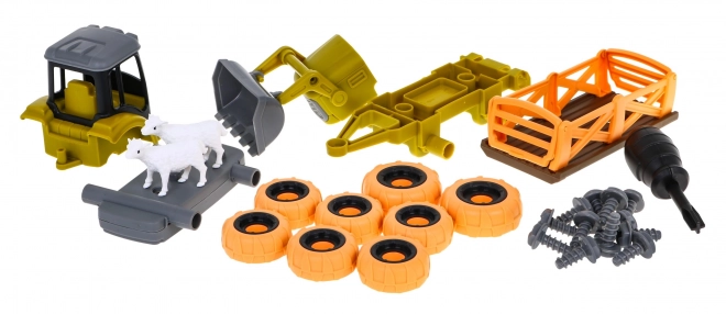 Odkręcany traktor z łyżką i przyczepą + śrubokręt + owce Zabawka dla dzieci 3+