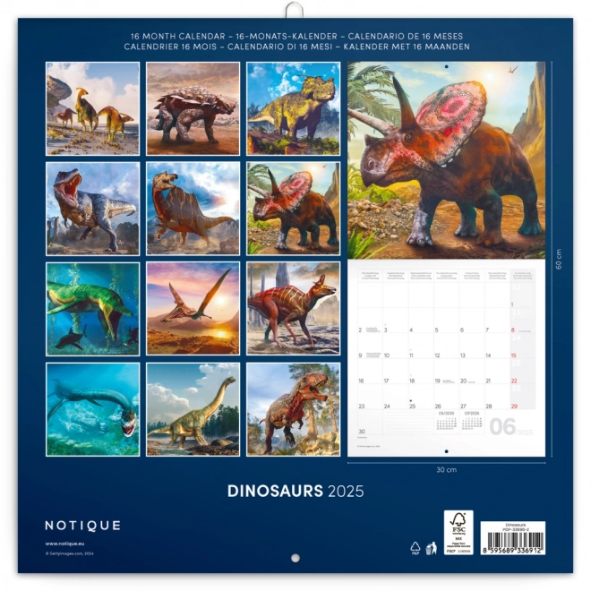 NOTIQUE Kalendarz Notatnikowy Dinozaury 2025, 30 x 30 cm