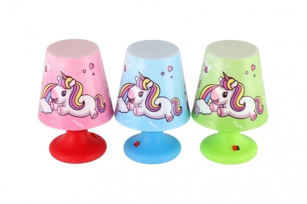 Mini lampka z jednorożcem na stół plastikowa 8,5x11cm na baterie 3 kolory