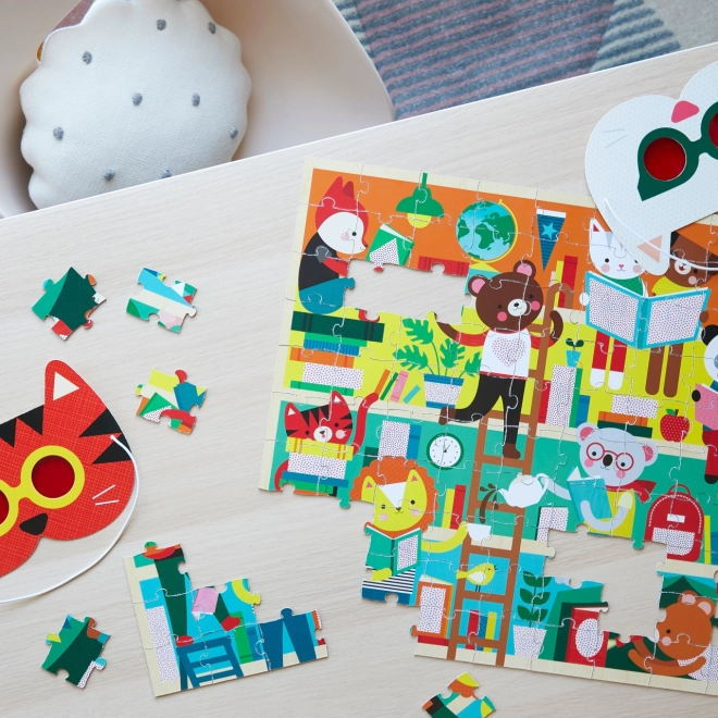 Petit Collage puzzle biblioteka z okularami 3D