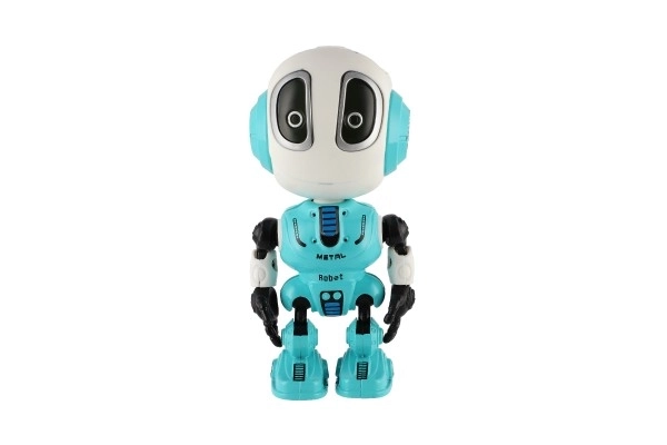 Robot ECHO powtarzający zdania metalowy 12cm niebieski na baterie z dźwiękiem i światłem w pudełku 10,5x15x5,5cm