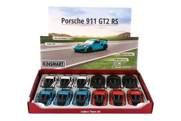 Auto Kinsmart Porsche 911 GT2 RS metal/plastik 13cm 4 kolory na napęd wsteczny 12 sztuk w pudełku