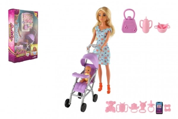 Lalka Anlily 30cm z dziewczynką i wózkiem + akcesoria plastikowe w pudełku 20x32x7cm