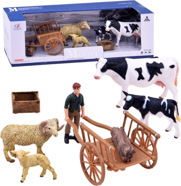 Zestaw figurek farma – krowa, cielę, baran, owieczka i farmer z zagrodą dla zwierząt – C