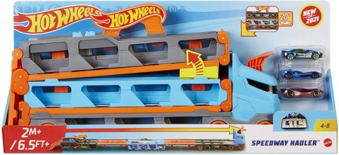 Hot Wheels transporter wyścigowy 2w1 z torem 1,8 m i miejscem na 20 autek