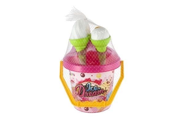 Zestaw do piasku plastikowy wiaderko + foremki lody 2 kolory w siatce 18x28x17cm 12m+