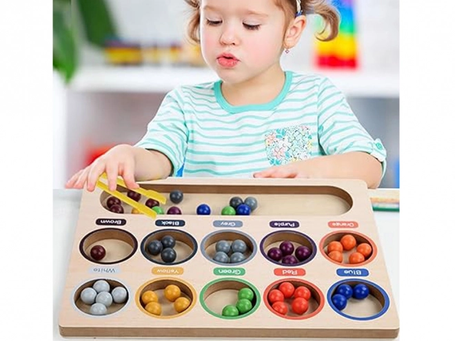 Drewniana edukacyjna mozaika Montessori - kolorowe kuleczki i sorter