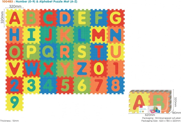 Piankowa mata-puzzle z literami i cyframi, 36 elementów z pianki EVA