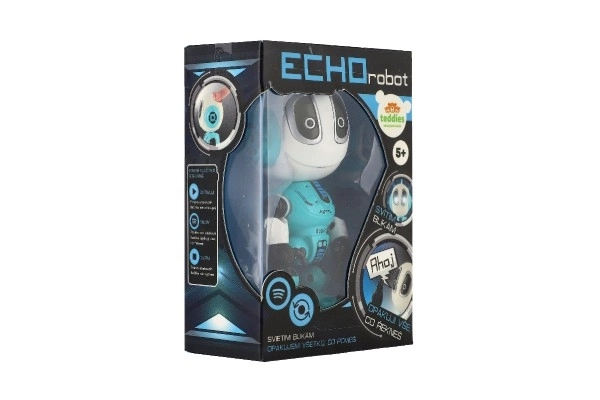 Robot ECHO powtarzający zdania metalowy 12cm niebieski na baterie z dźwiękiem i światłem w pudełku 10,5x15x5,5cm