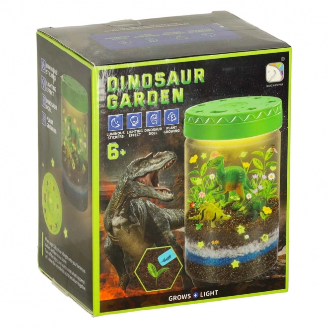Terrarium do uprawy roślin z lampą LED i dinozaurami