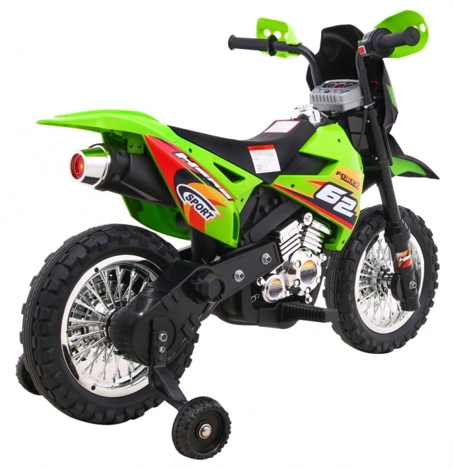 Dziecięcy elektryczny motocykl cross na akumulator – zielony, z kółkami pomocniczymi i światłami LED