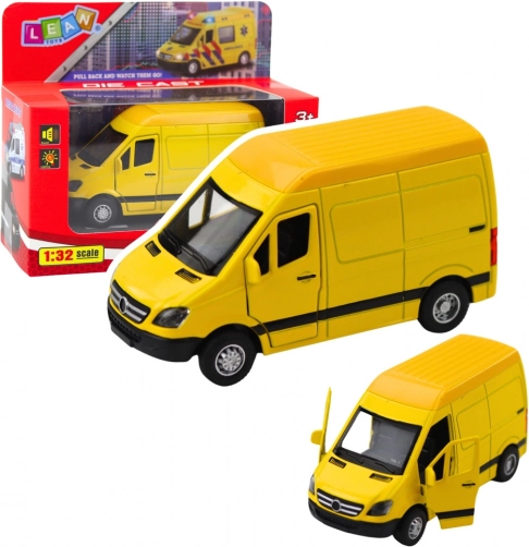 Metalowy van 1:32 z napędem typu pull-back, światłami i dźwiękami – żółty