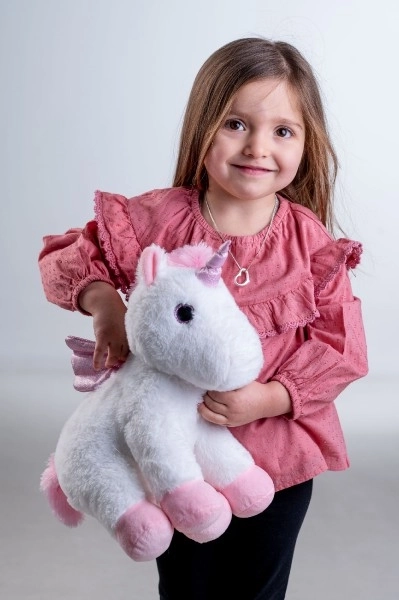 Sennik jednorożec z skrzydłami plusz 38cm na baterie ze światłem z dźwiękiem w woreczku