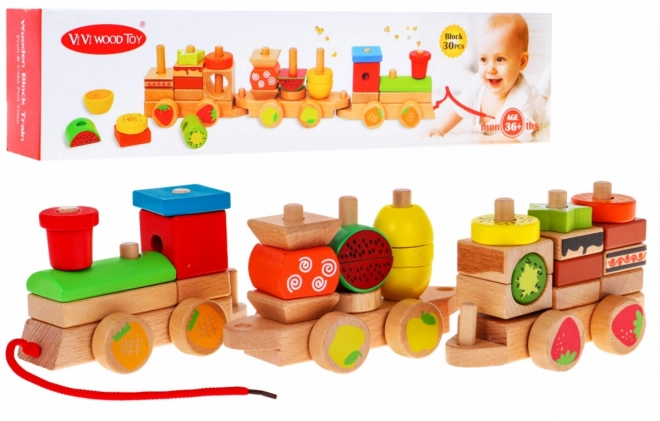 Drewniana lokomotywa z trzema wagonami dla dzieci 3+ Zabawka sensoryczna + 27 kostek