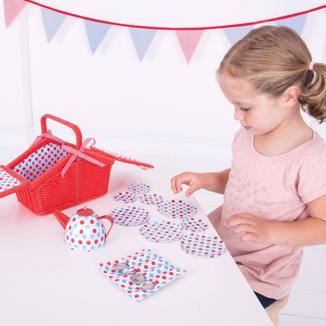 Bigjigs Toys Zestaw herbaciany w kropki w piknikowym koszu