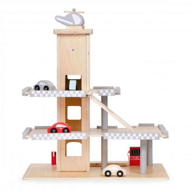 ECOTOYS Duży drewniany garaż z windą i autkami