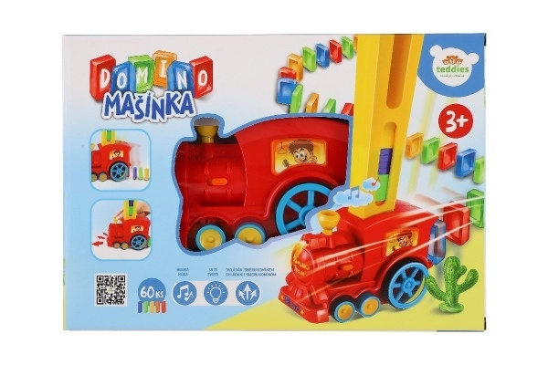 Lokomotywa/Pociąg domino układający plastikowy 16cm na baterie z dźwiękiem ze światłem w pudełku 33x23,5x8cm
