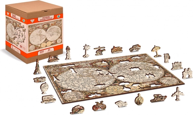Drewniane dwustronne puzzle ANTYCZNA MAPA ŚWIATA 2w1, 75 elementów