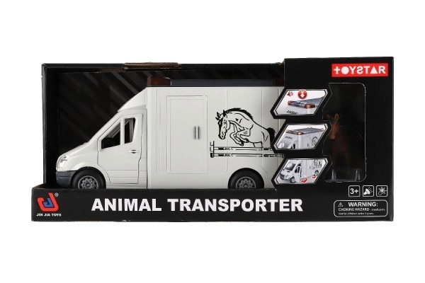 Auto do przewozu zwierząt plastikowy 28cm z koniem na mechanizm sprężynowy z światłem i dźwiękiem szare w pudełku 39x18cm