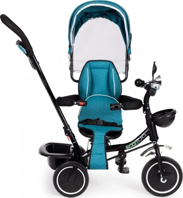 ECOTOYS Trójkołowy rowerek z daszkiem i prowadzącą rurką niebieskozielony